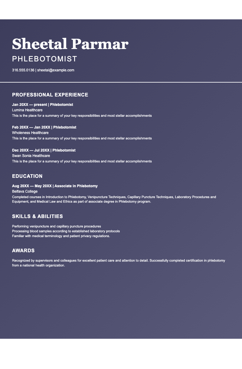 Simple ATS healthcare resume - ATS-friendly phlebotomist resume with gradient header, clean sections for experience, education, skills and awards.